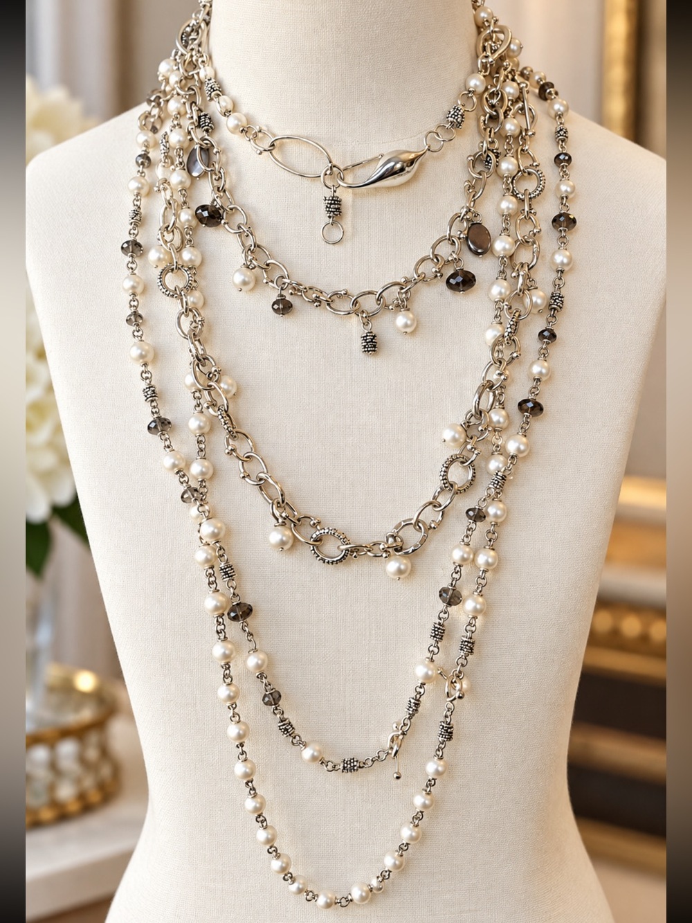 5 Michael Dawkins Layered Pearl and Sterling Silver Chain Necklaces